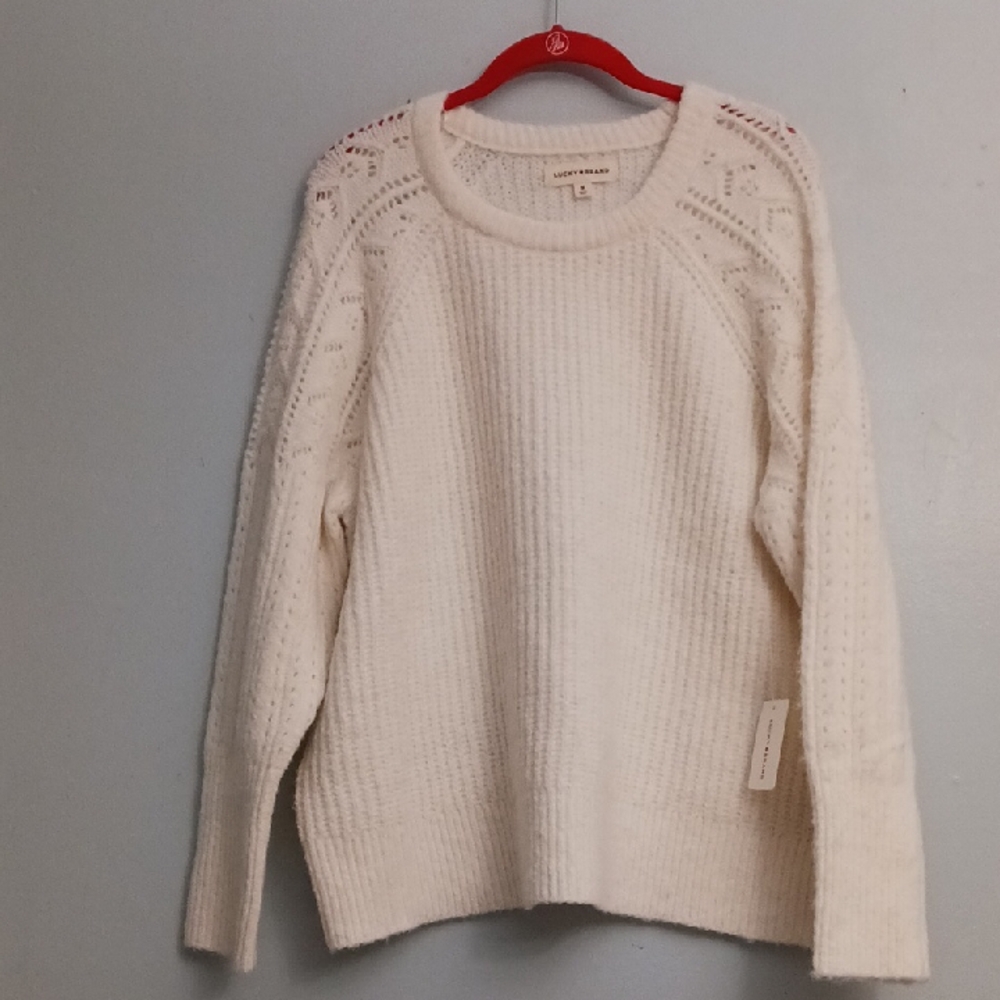 Lucky brand size 1X women's 4% wool blend knit sweater in cream long sleeves.